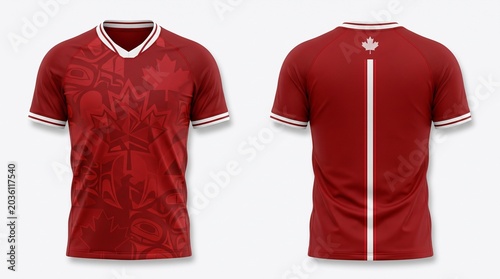 Canada soccer jersey mockup with indigenous art and maple leaf pattern