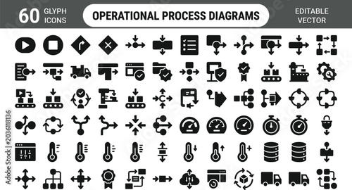 Operational Process Diagrams Glyph Icons Set for Workflow Automation, Production Management, Logistics, and Business Interface Design