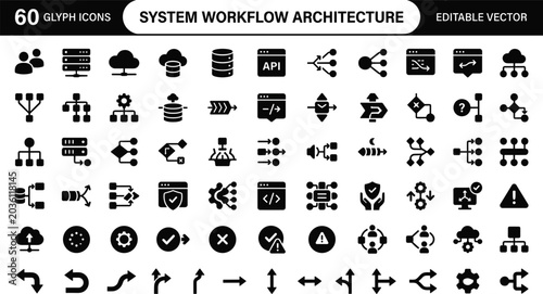System Workflow Architecture Glyph Icons Set for Data Integration, Process Automation, Network Routing, and Software Interface Design