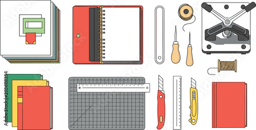 Photos Bookbinding And Crafting Tools Vector Illustration Featuring Notebooks Cutting M