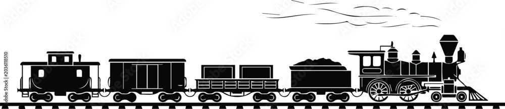 Naklejka premium Vintage Steam Freight Train Smoke Silhouette Black Vector Locomotive Coal Wagon Railroad Illustration