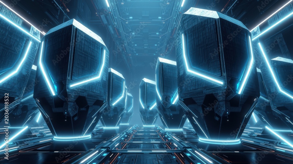 Obraz premium Futuristic corridor. Blue neon lights illuminate geometric structures. Dark, sleek design creates immersive space. Minimalist aesthetic.