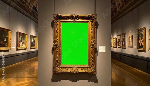 Ornate Gold Frame with Green Blank Canvas Displayed in Classic Art Museum Gallery
