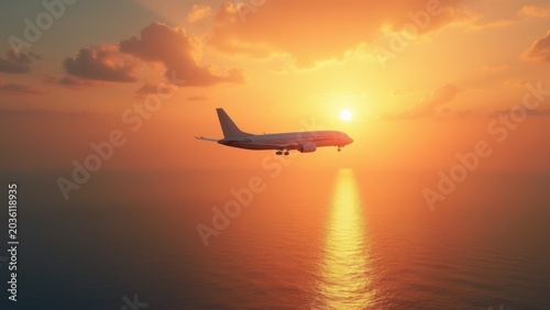 airplane flying above tropical sea at sunset, commercial aircraft over ocean with orange sky, scenic travel route above paradise coastline, concept of tourism, airline travel, vacation