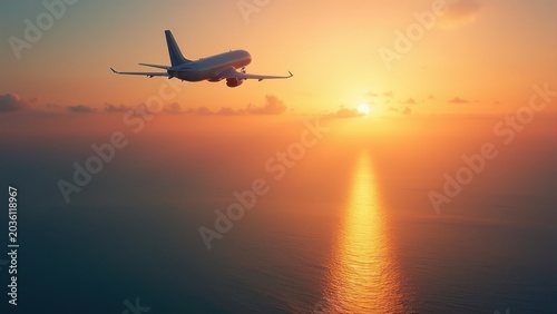 airplane flying above tropical sea at sunset, commercial aircraft over ocean with orange sky, scenic travel route above paradise coastline, concept of tourism, airline travel, vacation