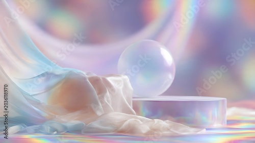 Abstract composition of premium luxury silks and opalescent product podium, soft bokeh background
