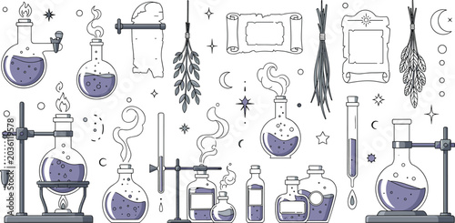 Tableau sur toile Vintage Alchemy Laboratory Vector Illustration Featuring Magic Potions Witchcraf
