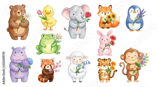 Canvas Print Watercolor woodland animal clipart with floral bouquets and adorable wildlife characters