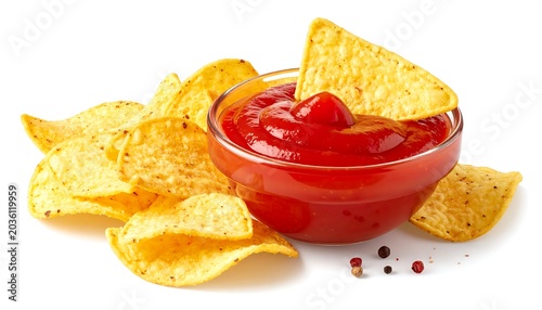 Crispy Tortilla Chips with Red Tomato Sauce in Glass Bowl on White Background