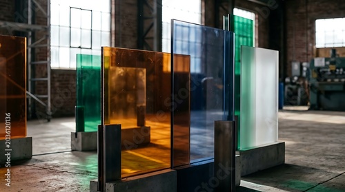 Colorful Glass Panels Displayed in Modern Industrial Space.