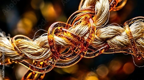 CloseUp of Twisted Rope with Golden Sparkles and Bokeh Background.