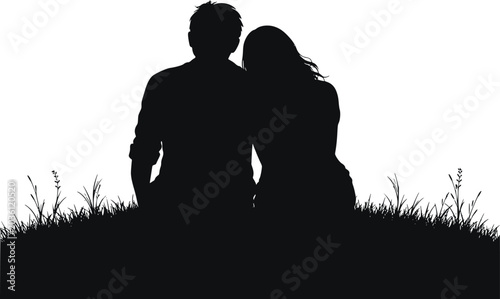 Romantic couple silhouette sitting on grass vector illustration collection