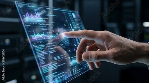 Fingers Interacting with Digital Data on Touchscreen Interface.