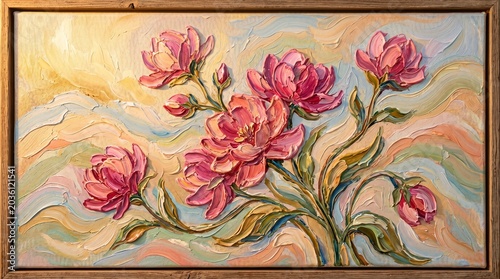 Impressionist oil painting of pink peony flowers with textured brushstrokes