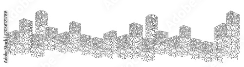 Building City Vector Modern city skyline silhouette with glowing digital elements and abstract geometric patterns creating futuristic urban building landscape on white background