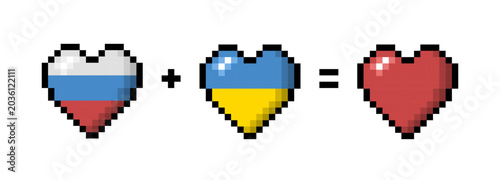 Pixel hearts in the colors of flags Russia and Ukraine.