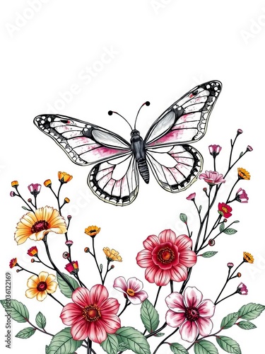 Elegant Butterfly and Flowers Hand Drawn Botanical Illustration
