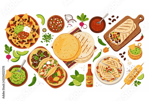 Εκτύπωση καμβά Mexican food vector set with tortillas tacos burritos nachos and colorful tradit