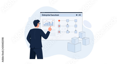Business Executive Analyzing Enterprise Execution Strategy with Chart and Workflow