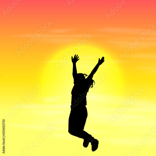 Silhouette of a joyful girl jumping at sunset, symbolizing freedom, happiness, success, motivation, travel, lifestyle, inspiration, wellness, and positive energy for ads, blogs, banners.