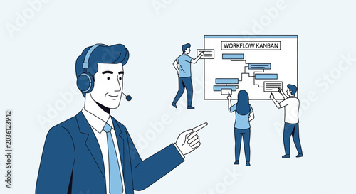 Business team collaborating on workflow kanban board, customer support manager pointing