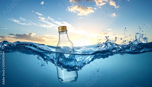 Transparent Glass Bottle Floating in Blue Ocean Water at Sunset