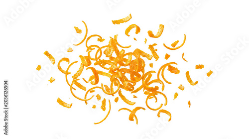 Fresh orange zest shavings scattered on transparent background for citrus culinary garnish elements.