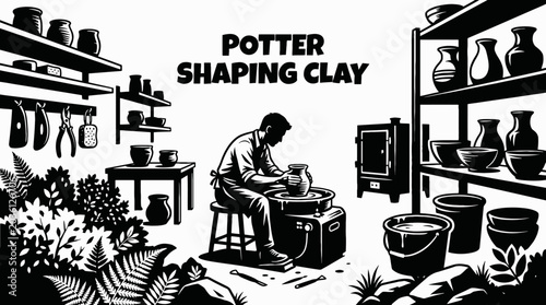 Tableau sur toile Potter shaping clay black and white on a pottery wheel representing ceramic craf