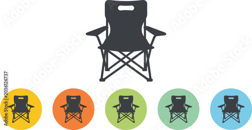 Camping chair icon set representing folding picnic chair outdoor lawn furniture or portable seat for adventure vector illustration