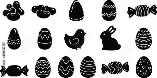 Fotografía Set of black silhouette icons featuring easter eggs candies a cute bunny and a s