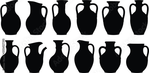 Tableau sur toile Set of black silhouettes of ancient ceramic jugs and clay vases in different sha