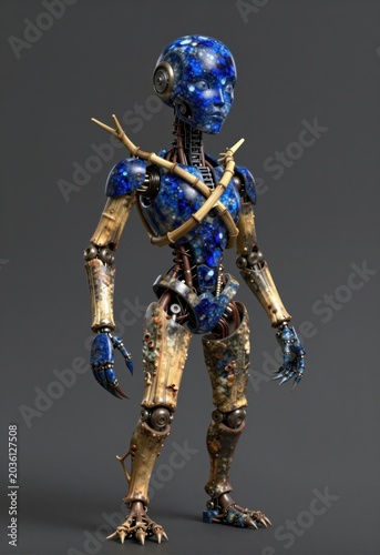 Blue Biomechanical Alien Robot With Bamboo Struts Standing Against Gray Background