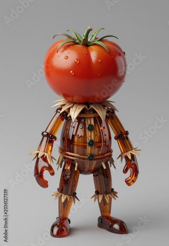 Tomato-headed robot figure crafted from glass-like amber material with dew drops, whimsical sci-fi character design