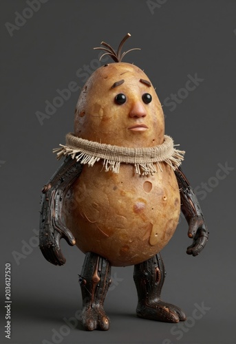 Cute anthropomorphic potato character wearing rustic scarf with mechanical limbs against dark studio background