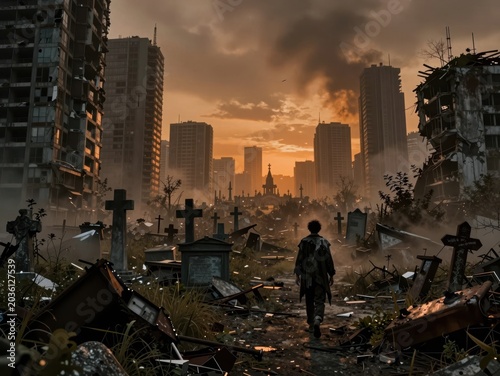 Post-Apocalyptic City Graveyard at Sunset with Ruined Skyscrapers and Lone Wanderer Amidst Decay