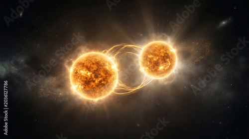 Binary star system in deep space with glowing plasma bridges and stellar flares