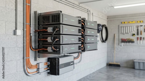 Residential wall mounted battery storage system installed in home garage. Eco friendly energy solution for solar power backup and electricity management. Renewable power utility technology.