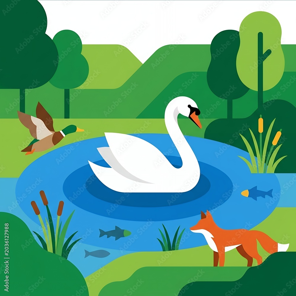 Naklejka premium Graceful Swan Duck Fox and Fish in a Serene Pond Landscape