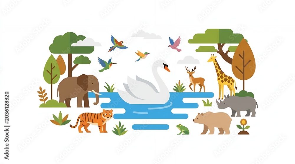 Obraz premium Diverse Wildlife and Nature Scene Flat Illustration