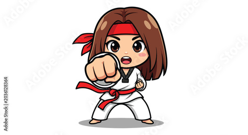Cute Cartoon Girl Practicing Martial Arts with a Red Headband and Belt.