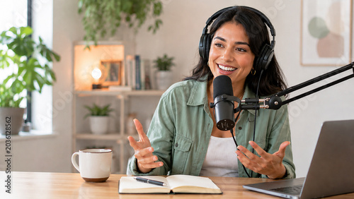 Young woman recording podcast with microphone while wearing headphones at home