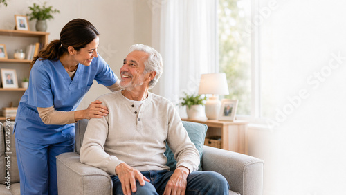 Cheerful nurse talking with senior man in living room at nursing home
