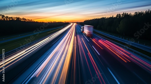 Traffic moving on a highway during sunset with light trails from cars and trucks near a city