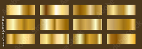Premium Gold gradients. Copper Foil for metallic Palette and swatch degrade. Collection of shiny champagne and polished bronze backgrounds and borders. Vector illustration.