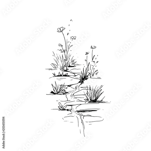 Tableau sur toile Minimalist Cross-Section of a Rain Garden Bioswale Design