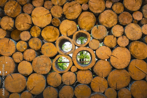 Fotografie a decorative wall made of wooden logs laid crosswise