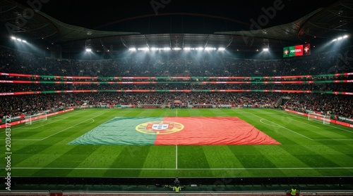 Bright stadium filled with eager fans. Portugal. Excitement fills air as players and supporters anticipate match