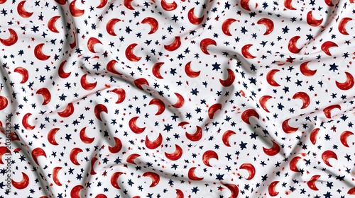 Seamless white textile background featuring a celestial pattern with red crescent moons and blue stars for nursery decor, baby clothing design and gift interior styling
