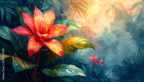 Vibrant Tropical Flower Blooming in Lush Misty Jungle