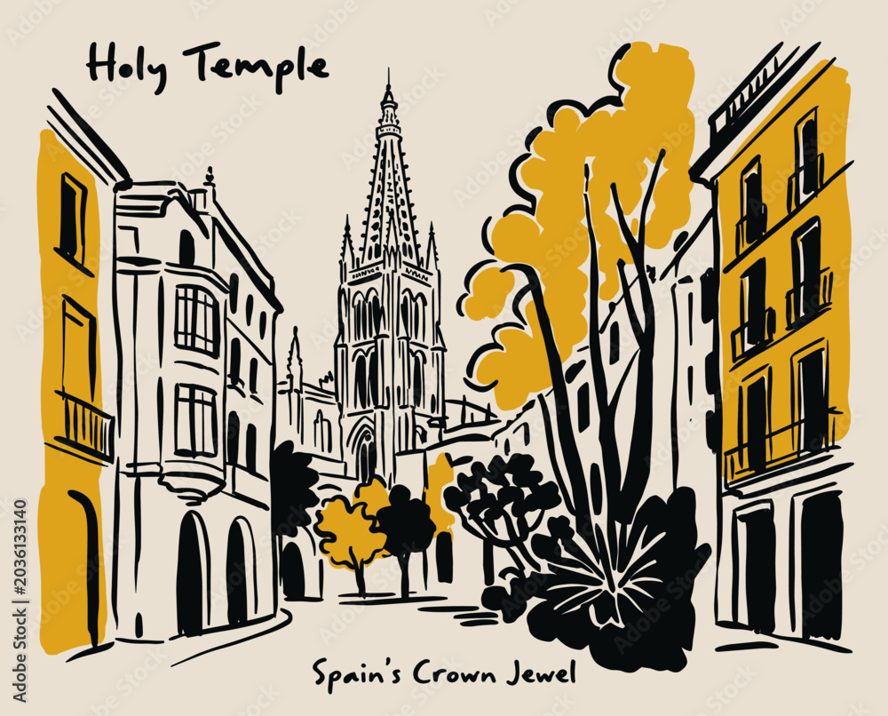 Naklejka premium Holy Temple Spain Crown Jewel, Gothic Cathedral, Spanish City Street, Travel Poster, Line Art Illustration, Vintage Architecture Art